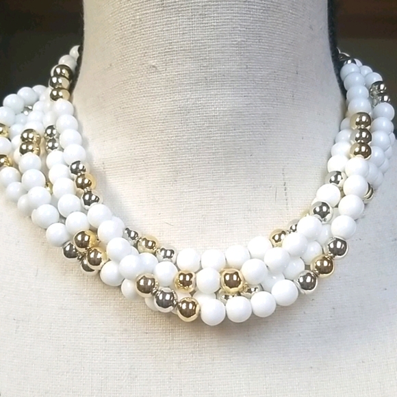 Vintage 1950s Mid Century Choker Beaded Gold & Silver Tone Multi-Strand Necklace - Picture 13 of 15